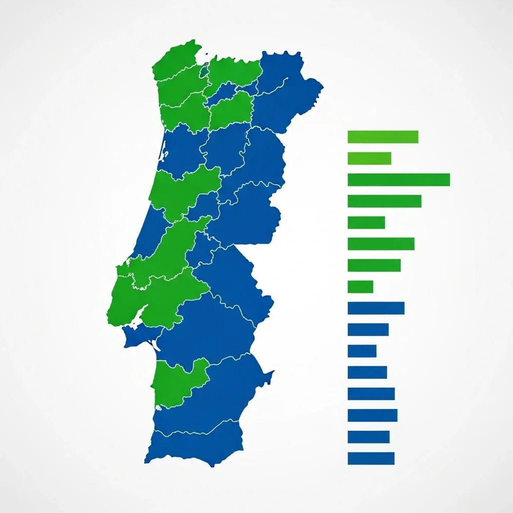 Infographic of Portugal map with regional unemployment rates and downward trend