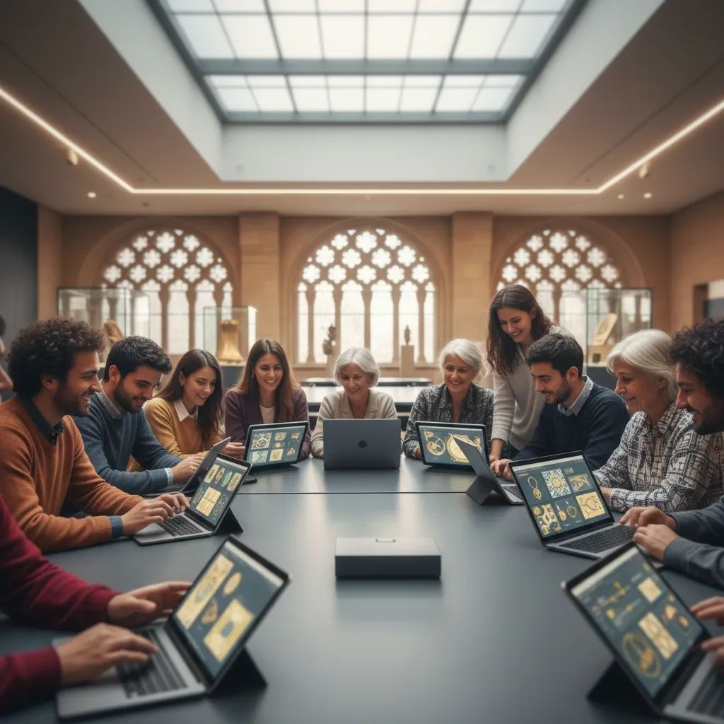 Diverse group viewing Portuguese heritage artifacts on digital devices in modern educational setting