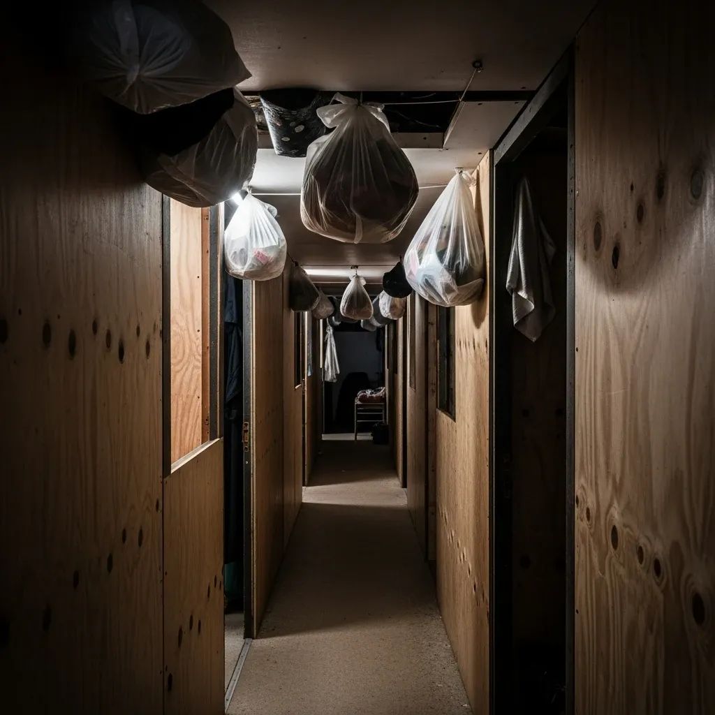 Interior of makeshift plywood cubicles in a cramped migrant lodging above a Porto shop