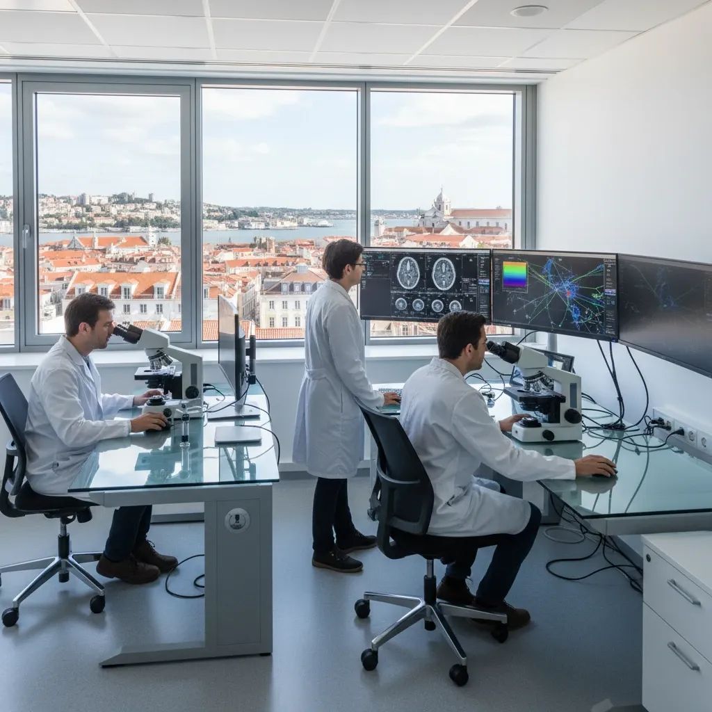 Researchers in modern laboratory conducting cancer and brain research