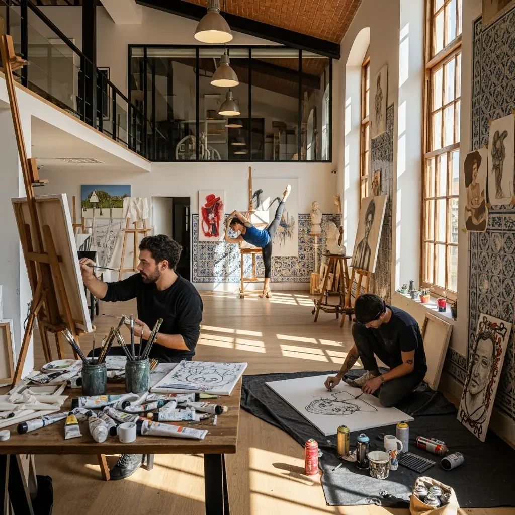 Artists collaborating in a Portuguese studio with painter, dancer and street artist by an azulejo-tiled wall