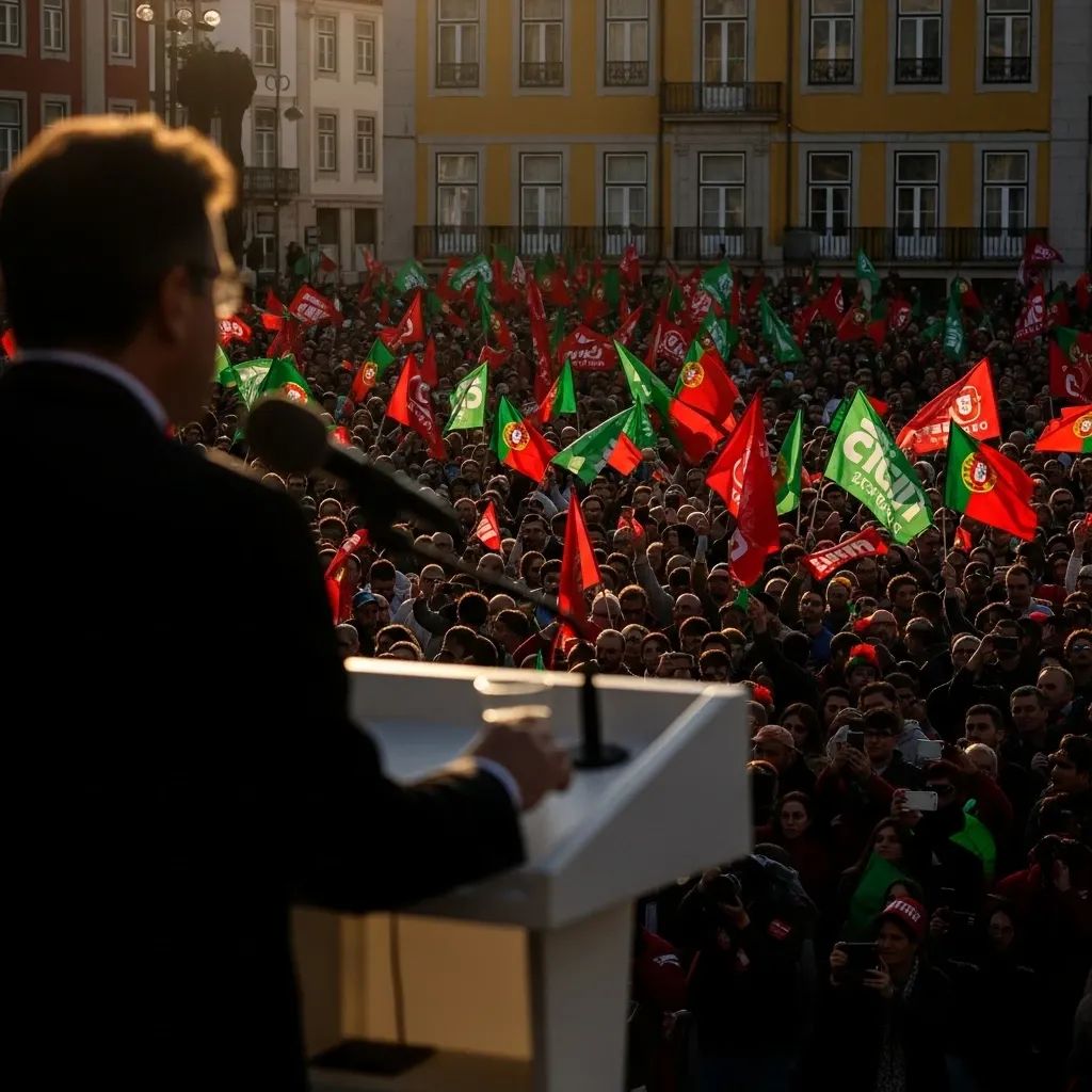 Silhouetted political candidate at a rally in a Portuguese city square with supporters waving flags