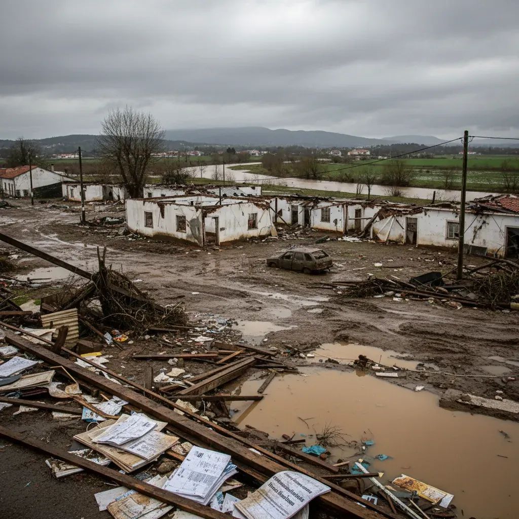 Damaged buildings and flooded landscape in Leiria aftermath, showing storm destruction and administrative challenges