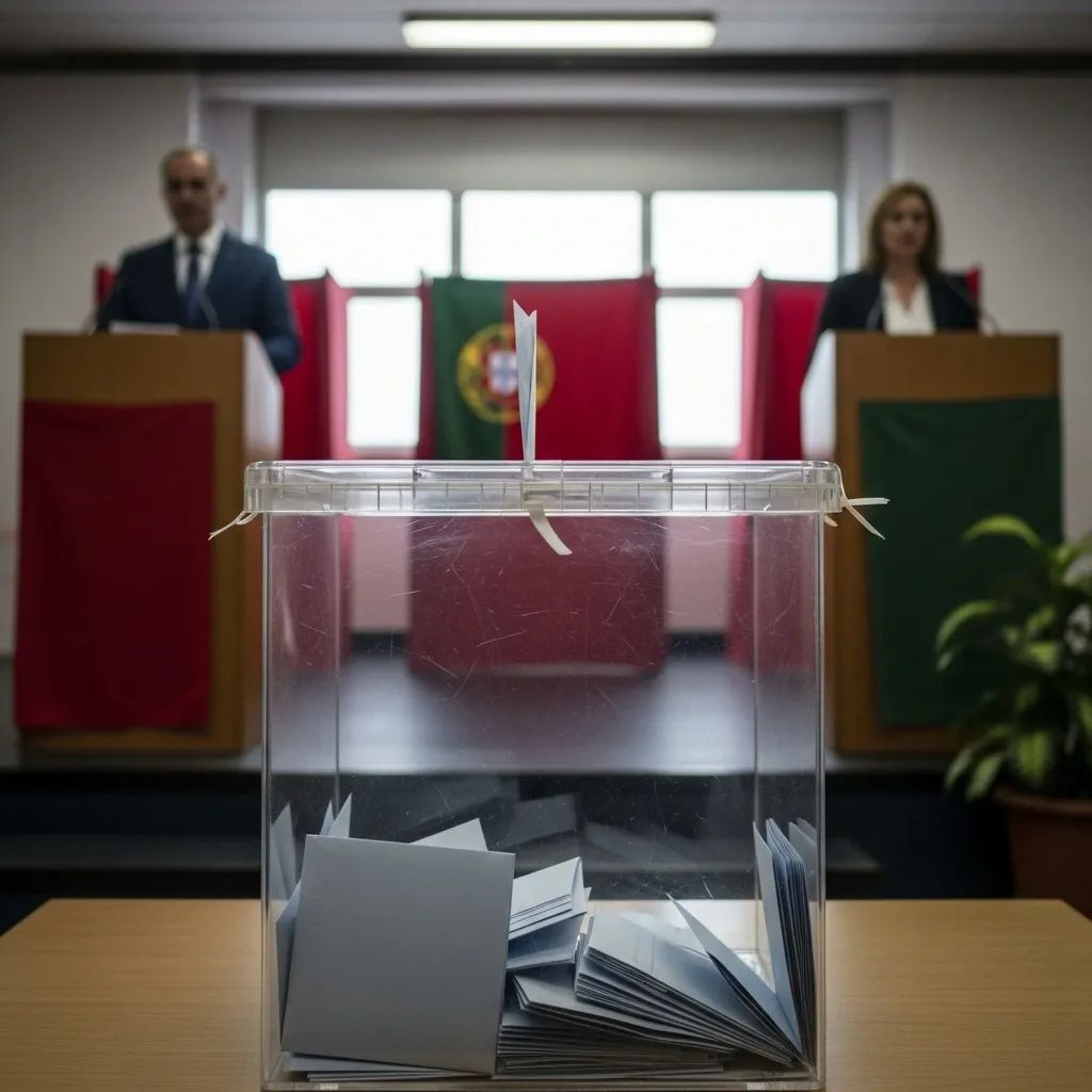 Ballot box at Portuguese polling station with blurred candidate silhouettes in background