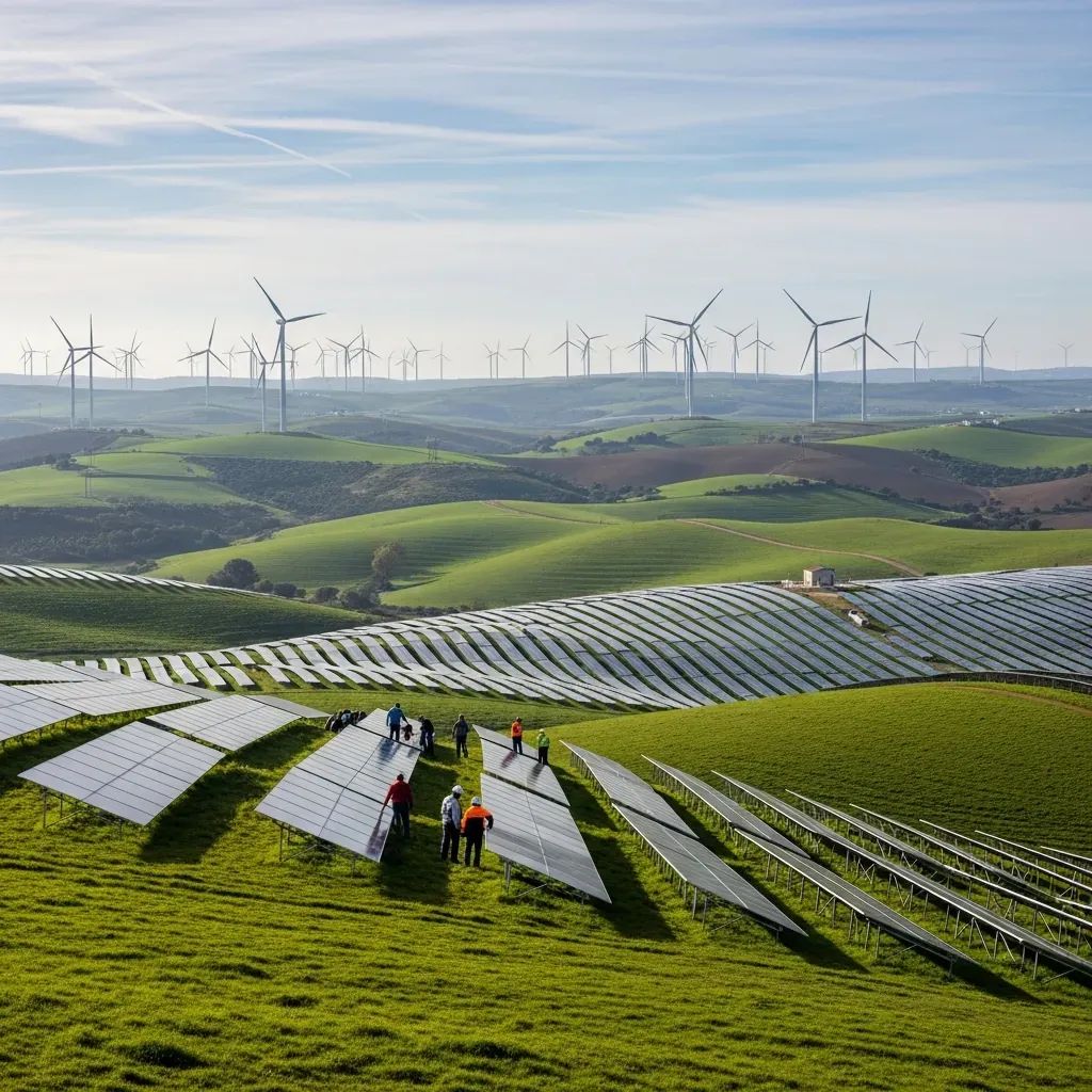 Distant view of solar panels and wind turbines in the Portuguese countryside with installation workers