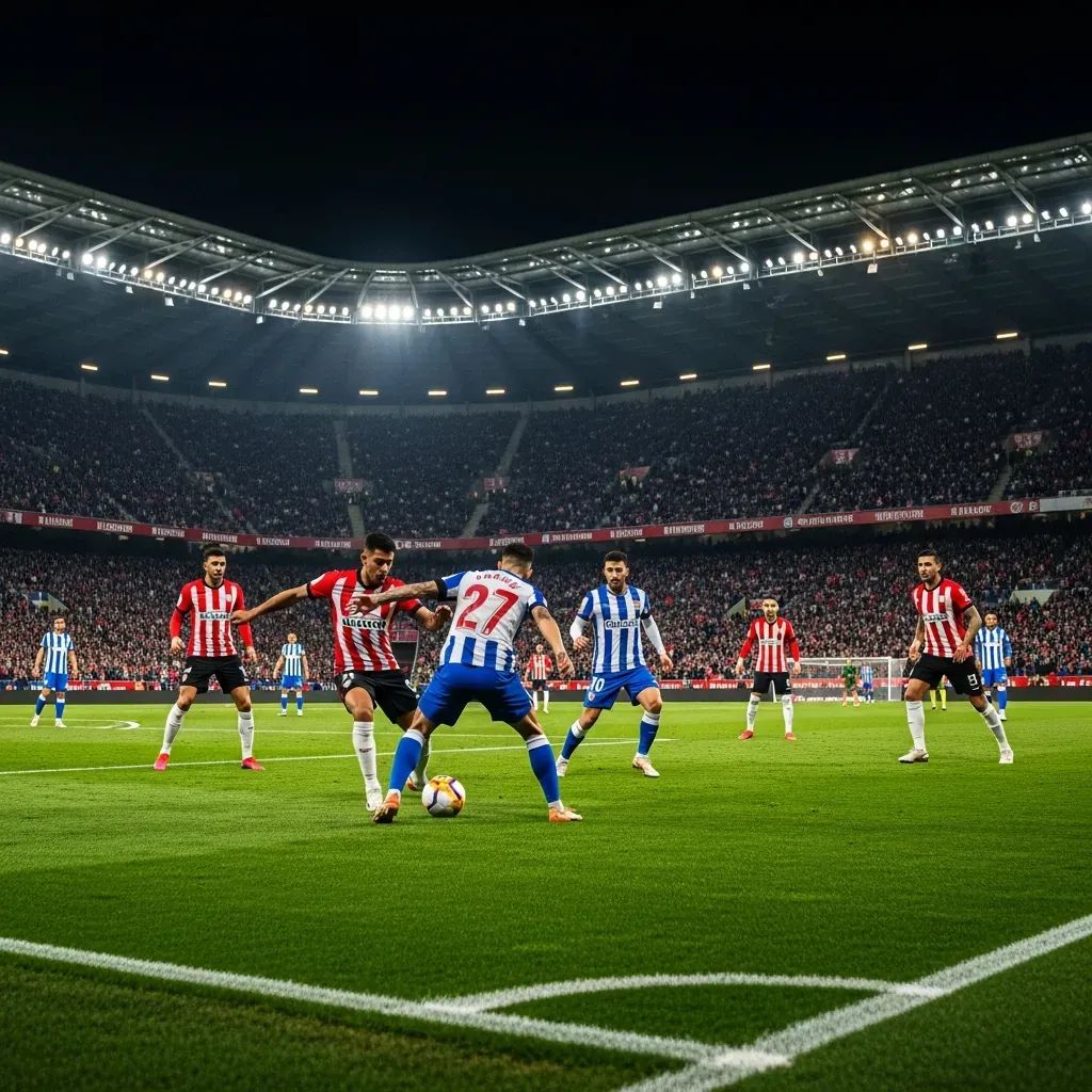 Wide shot of a floodlit Estádio da Luz with Benfica and Famalicão players competing under stadium lights