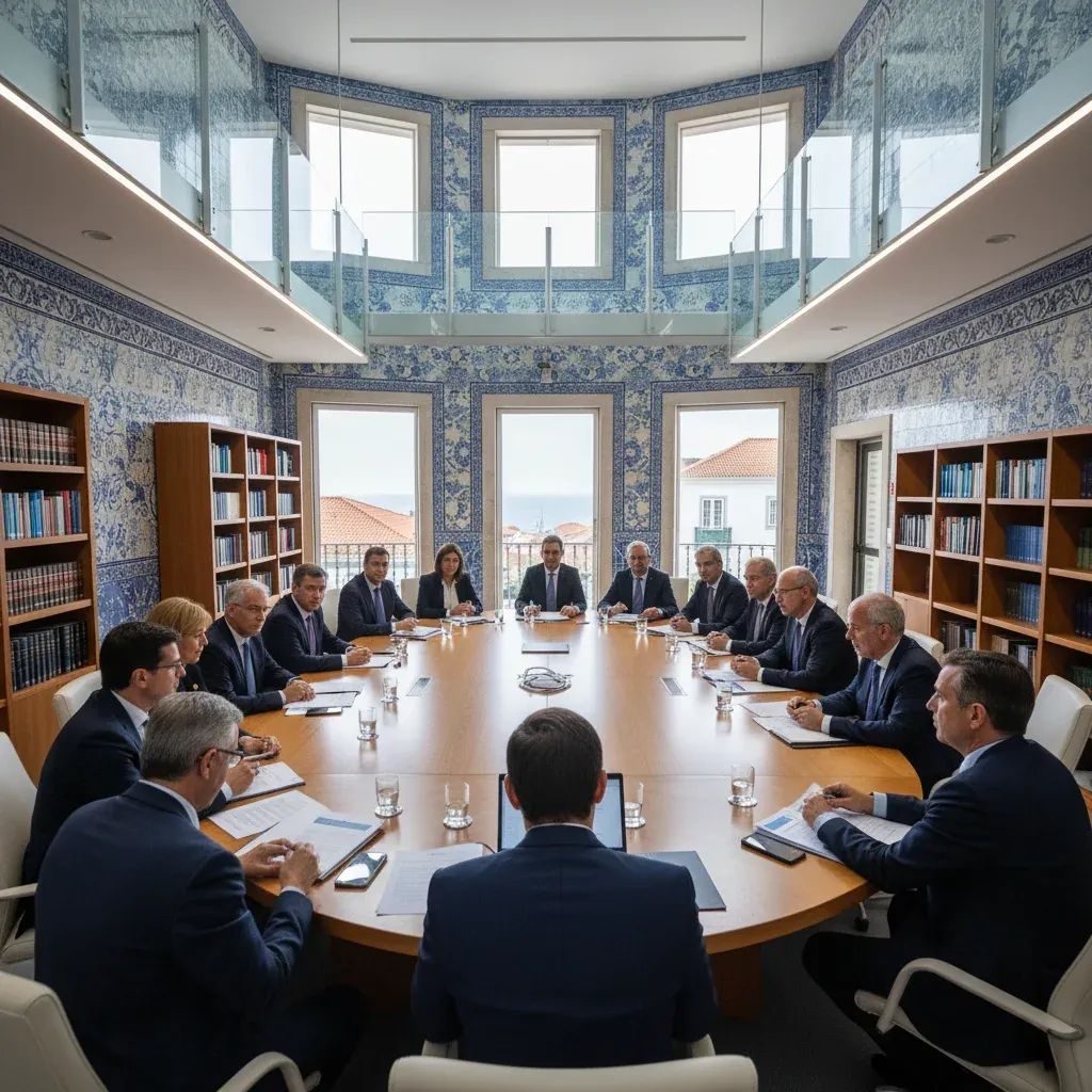 Cascais municipal government building with political officials in council chamber during heated debate