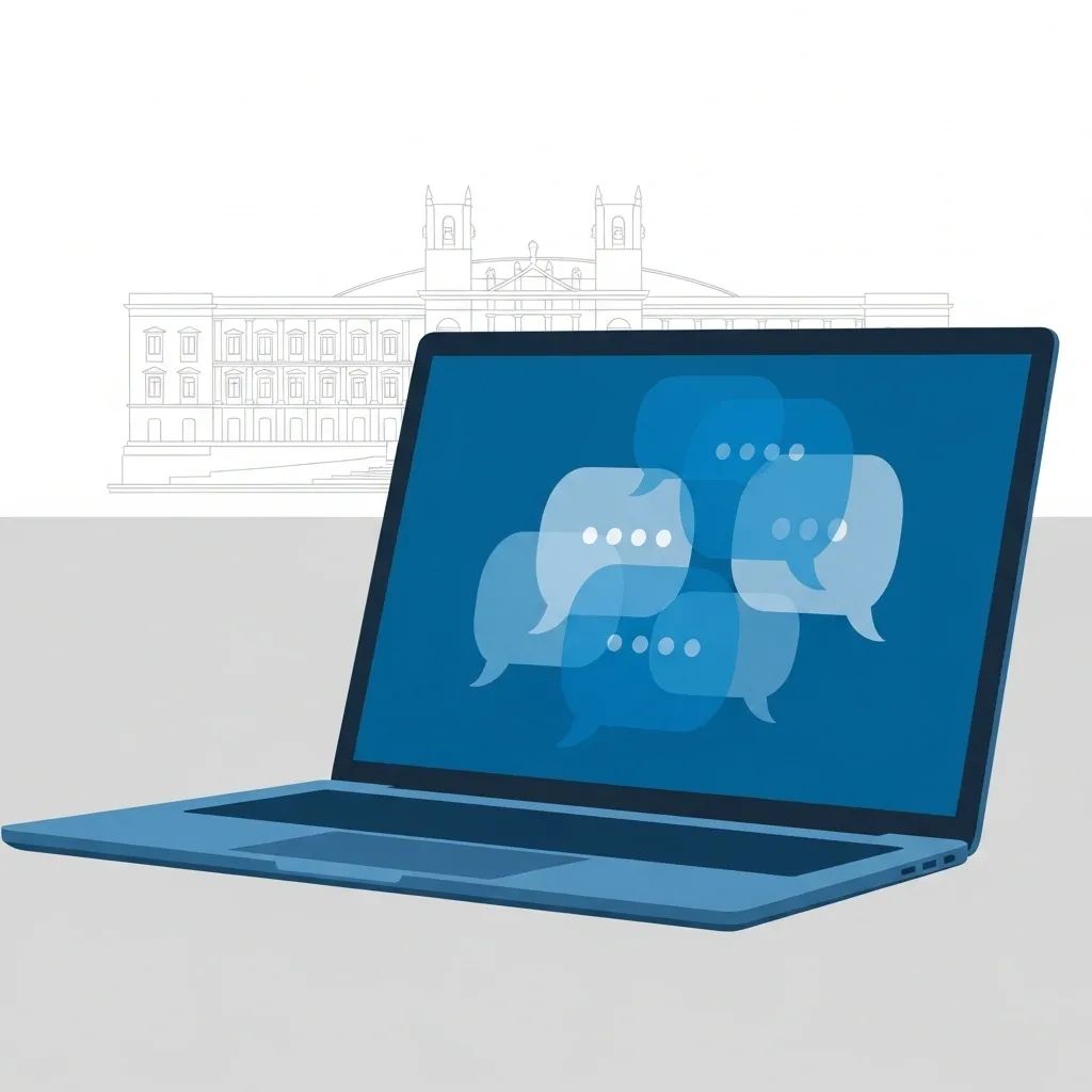 Stylized laptop with blurred chat bubbles and Portuguese parliament silhouette, representing a disinformation hoax