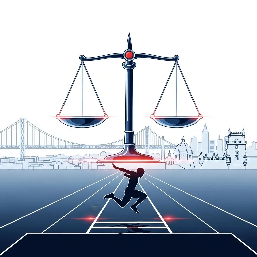 Infographic of scales of justice over a triple jump runway with Lisbon skyline backdrop