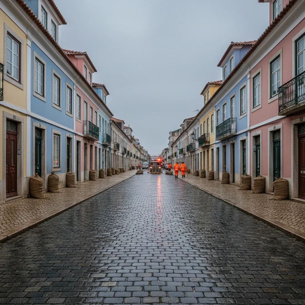 Portuguese houses protected by sandbags on wet street under overcast sky