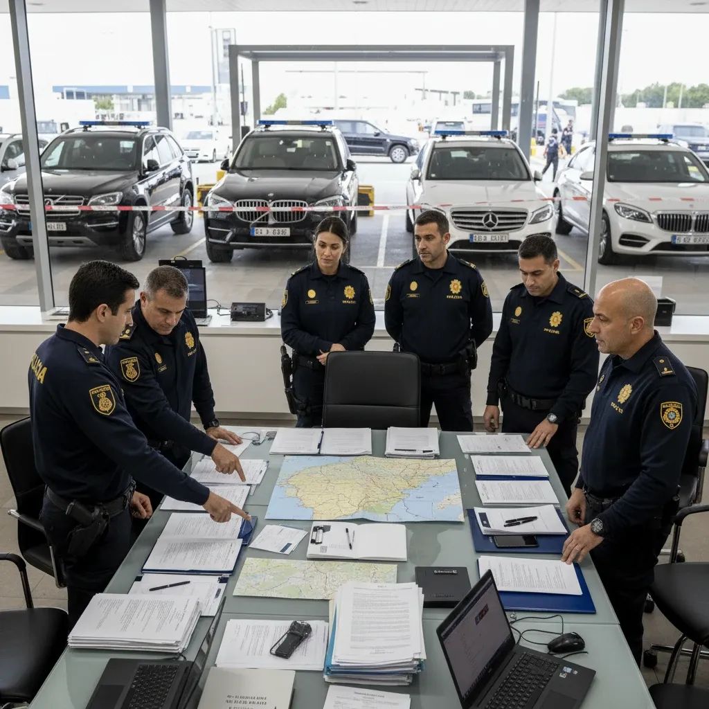 Law enforcement officers reviewing evidence at international drug trafficking investigation headquarters