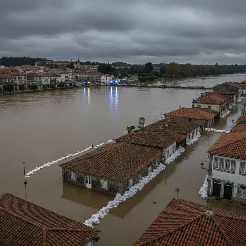 Aerial view of flooded Portuguese riverside street lined with sandbags and distant police lights