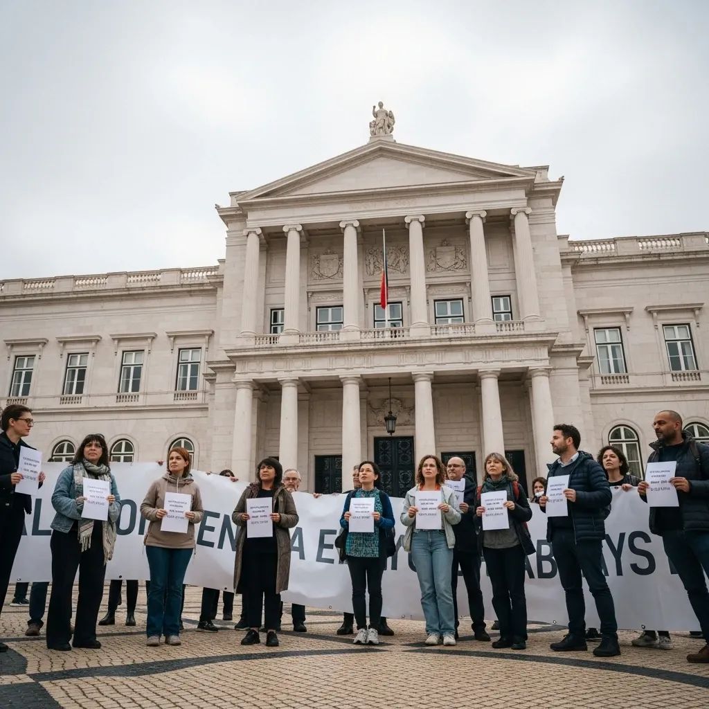 Early-years teachers protesting outside Lisbon Education Ministry building with banners