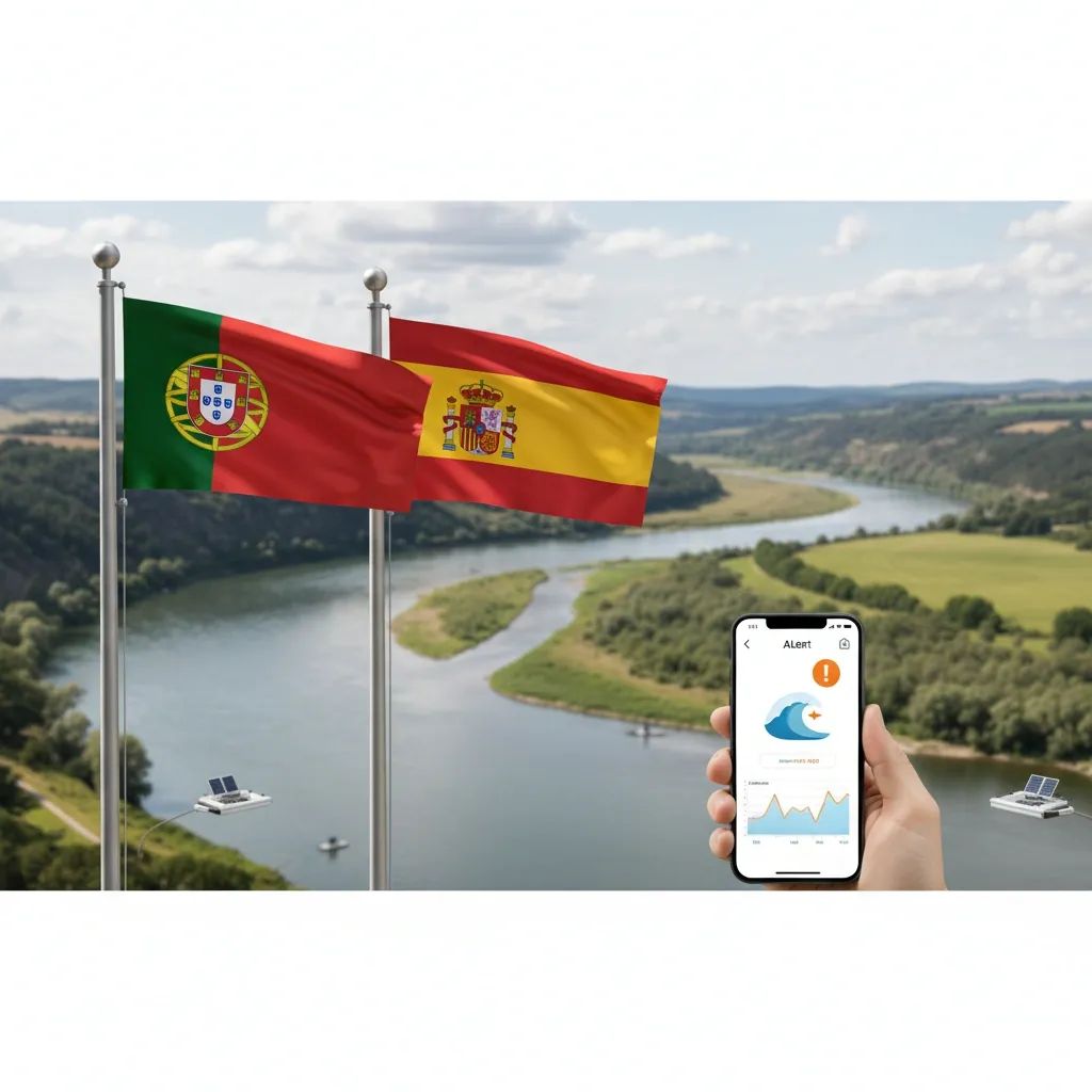 Portuguese and Spanish flags with digital flood alert notification and river monitoring system
