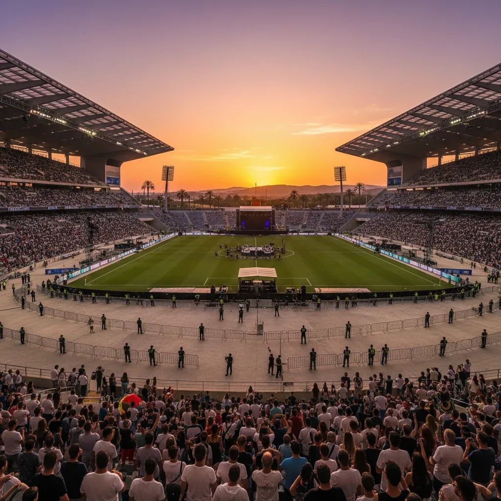 Modern Algarve stadium with concert setup and diverse international crowd during golden hour