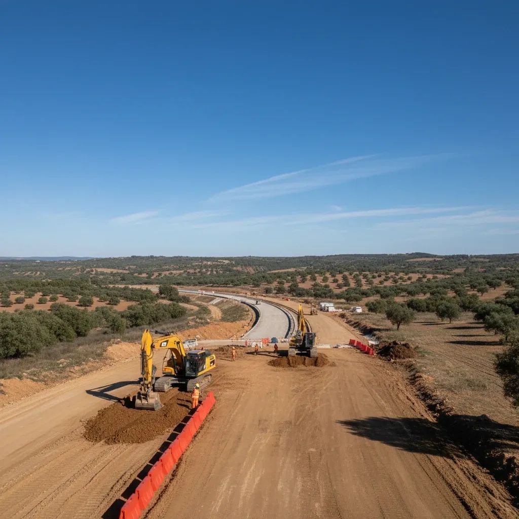 Highway construction site in Alentejo region with excavation equipment and modern road infrastructure development