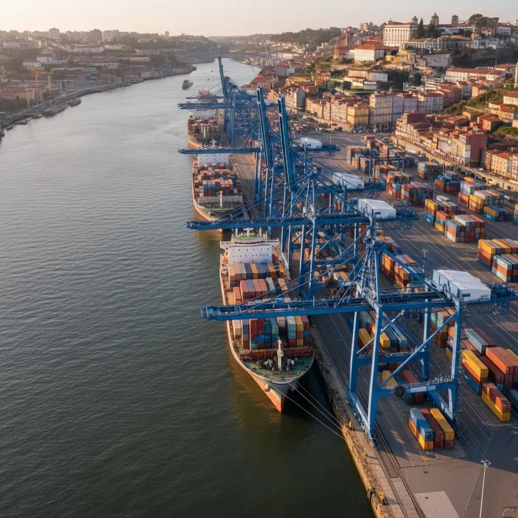 Porto harbor with modern cargo port infrastructure and EU context for customs authority bid
