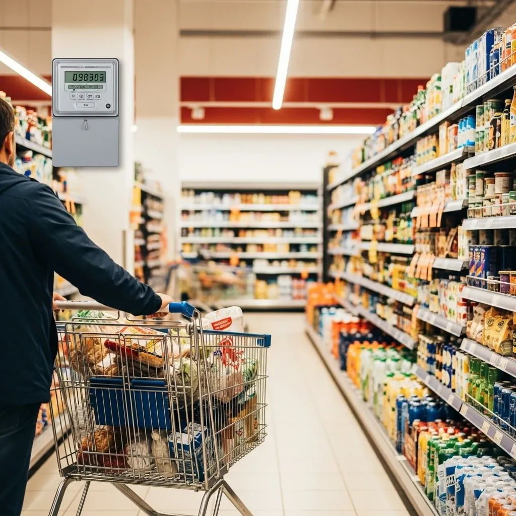 Shopper pushing trolley of groceries with energy meter on supermarket wall