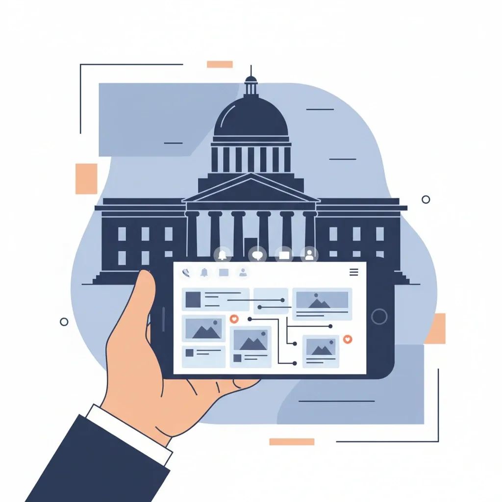 Smartphone displaying endless social media feed with notifications and government building silhouette in background