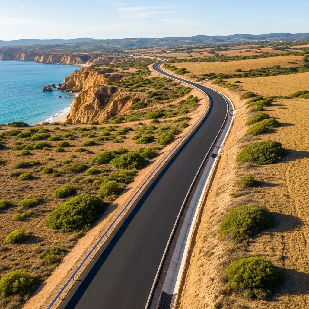 Aerial view of a newly paved coastal road winding through the Algarve countryside with guardrails and drainage ditches