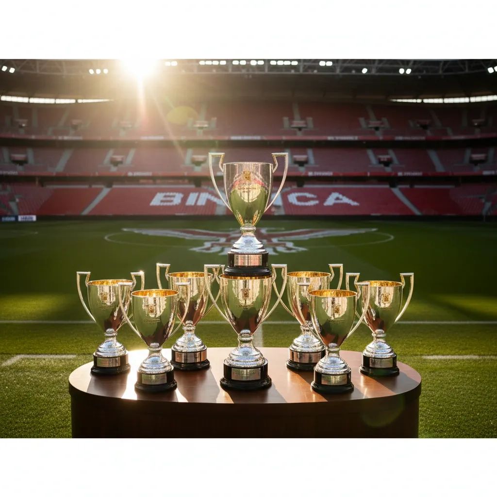 Benfica trophy cabinet and stadium ambiance symbolizing Óscar Cardozo's legendary career in Portuguese football