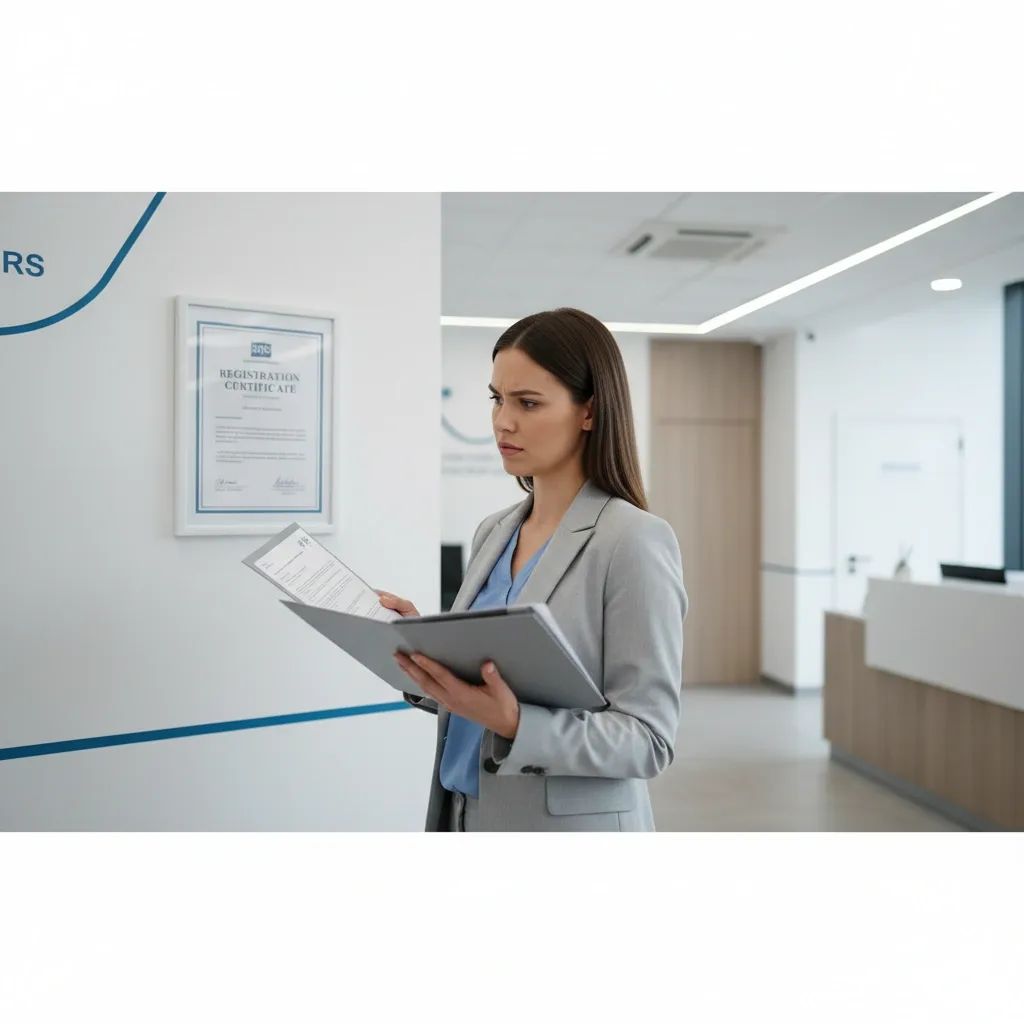 Person examining clinic credentials and documents before aesthetic procedure consultation