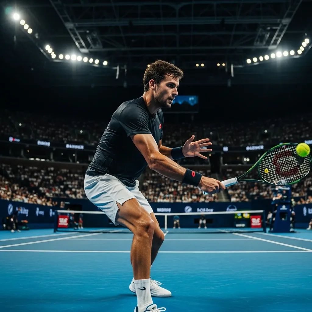 Tennis player hitting a forehand under stadium lights at a major tournament