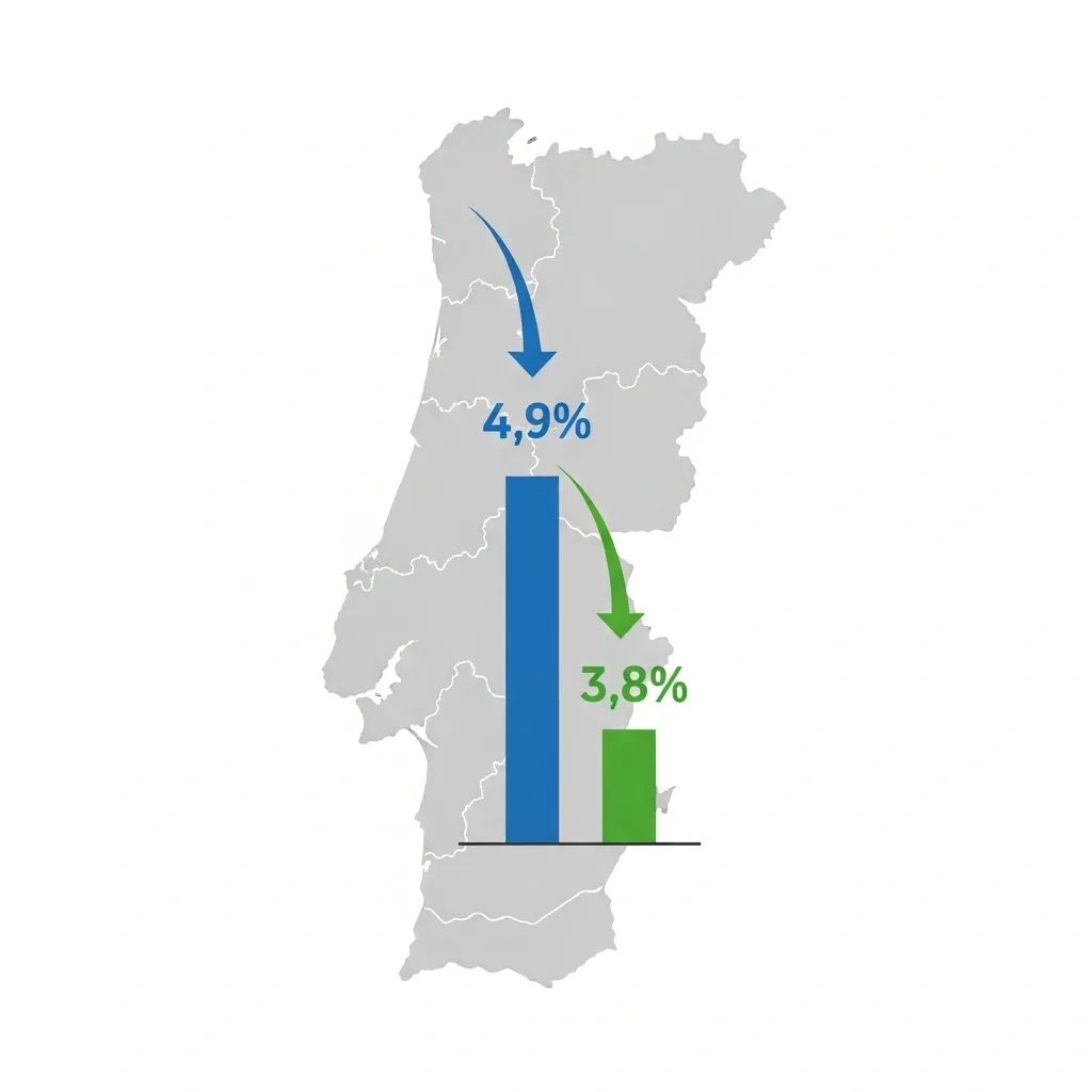 Infographic of Portugal map and bar chart illustrating a shrinking Q3 budget surplus