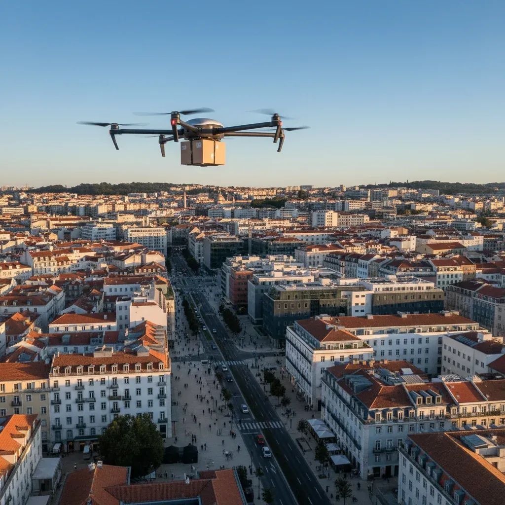 Autonomous delivery drone flying over Portuguese urban cityscape with package in transit