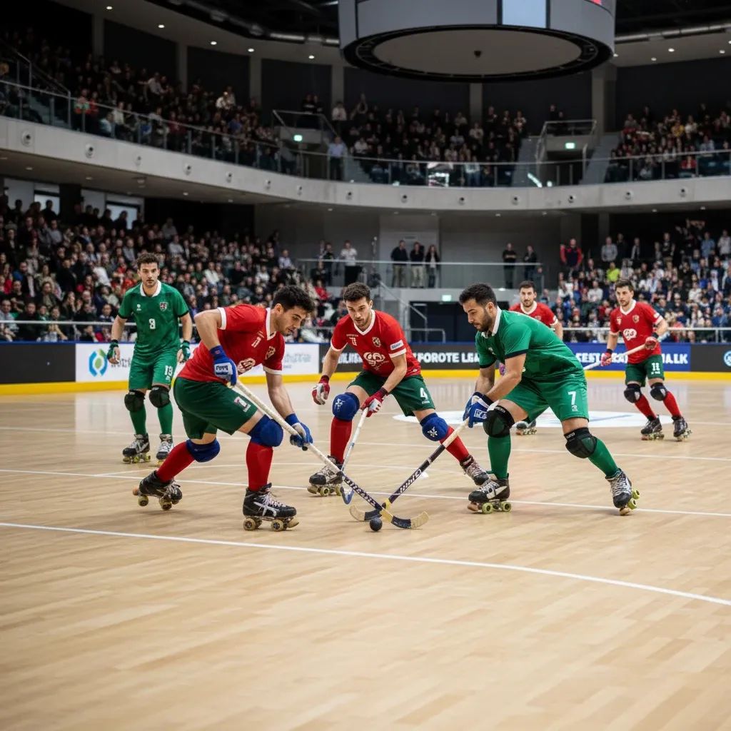 Portuguese roller hockey players in red and green jerseys battling near goal on indoor rink