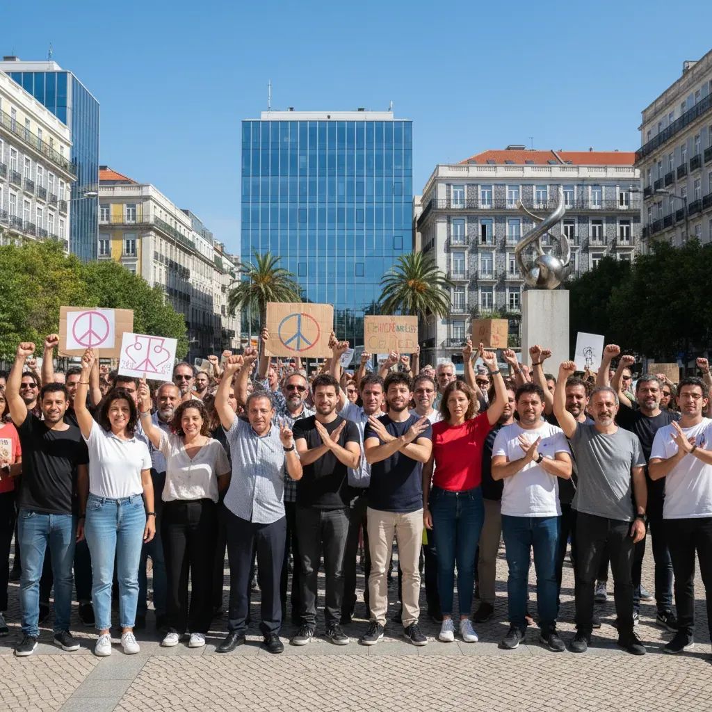 International protesters gathering in solidarity at a street demonstration, diverse crowd with raised fists supporting Venezuelan opposition movement