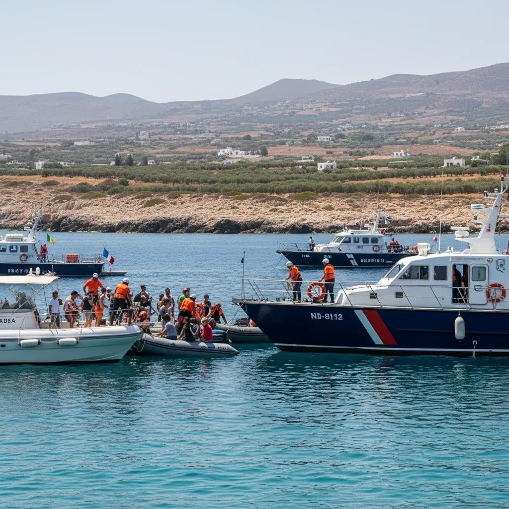 Portugal maritime police patrol vessel conducting rescue operations near Crete in Mediterranean Sea