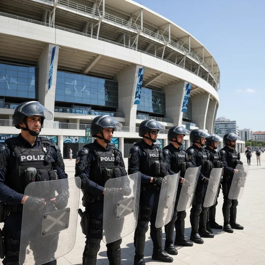 Police officers in tactical gear securing stadium entrance during heightened security operations