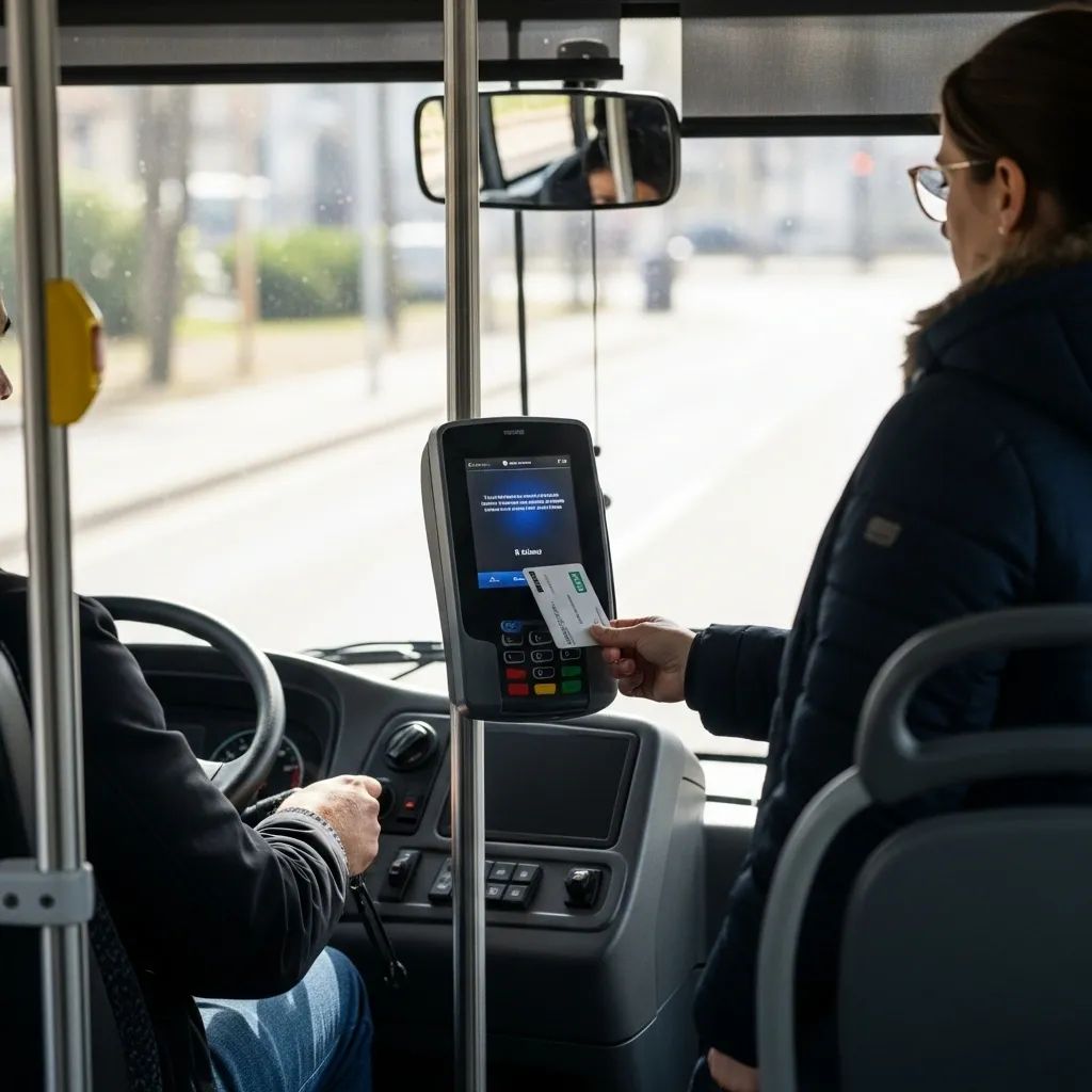 Passenger tapping a contactless card on a payment terminal inside a Porto city bus