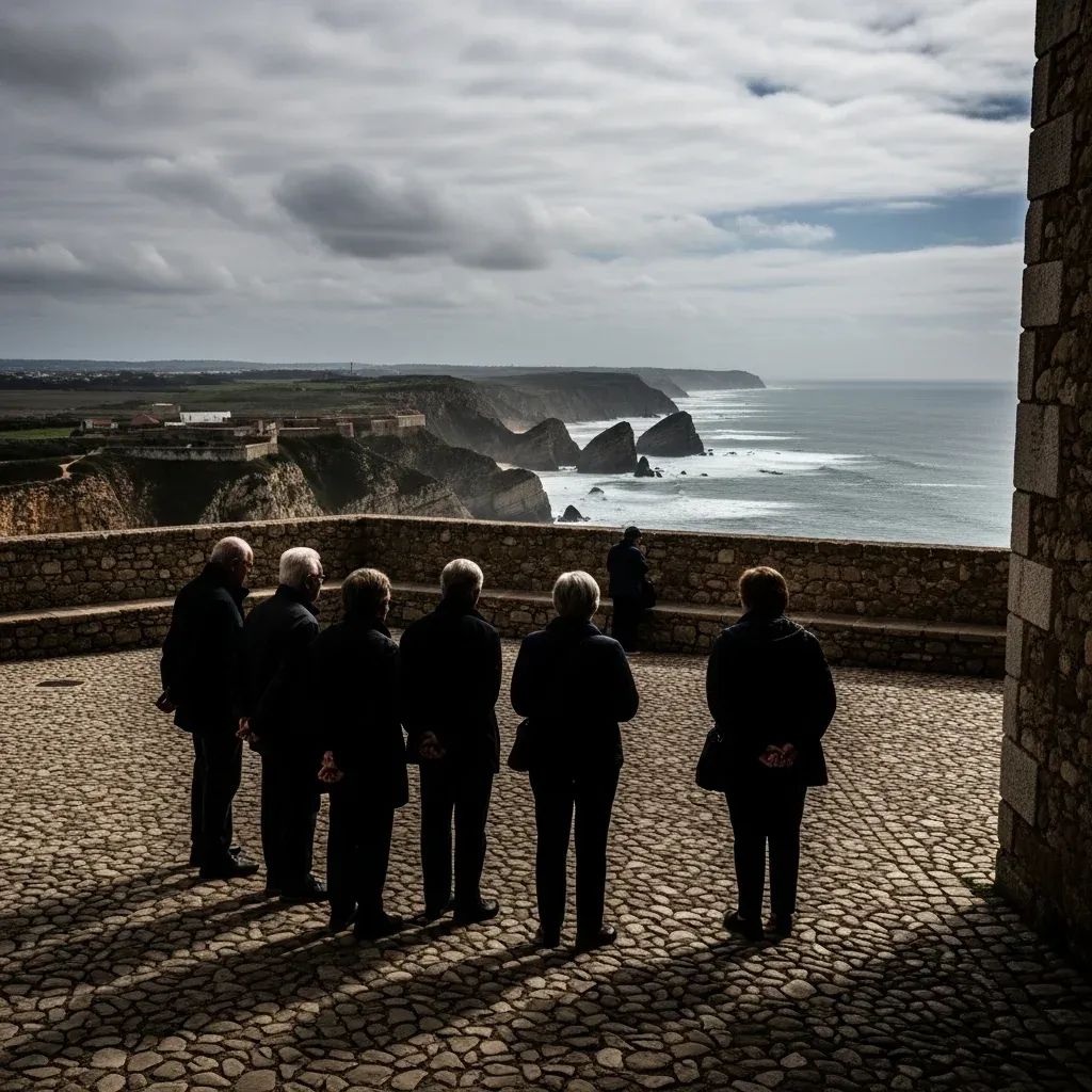 Elderly former political prisoners standing in Peniche Fortress courtyard overlooking the Atlantic coast