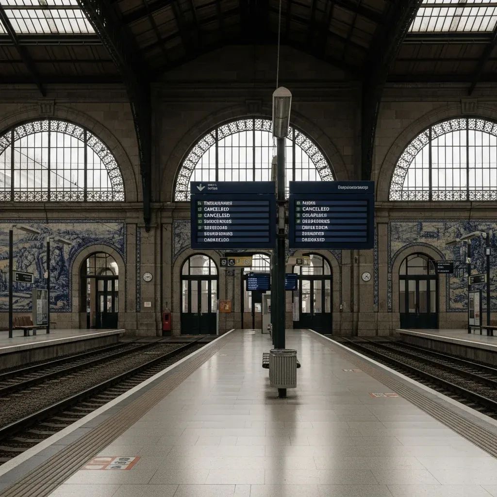 Deserted Portuguese train station platform with blurred departure screens indicating canceled services