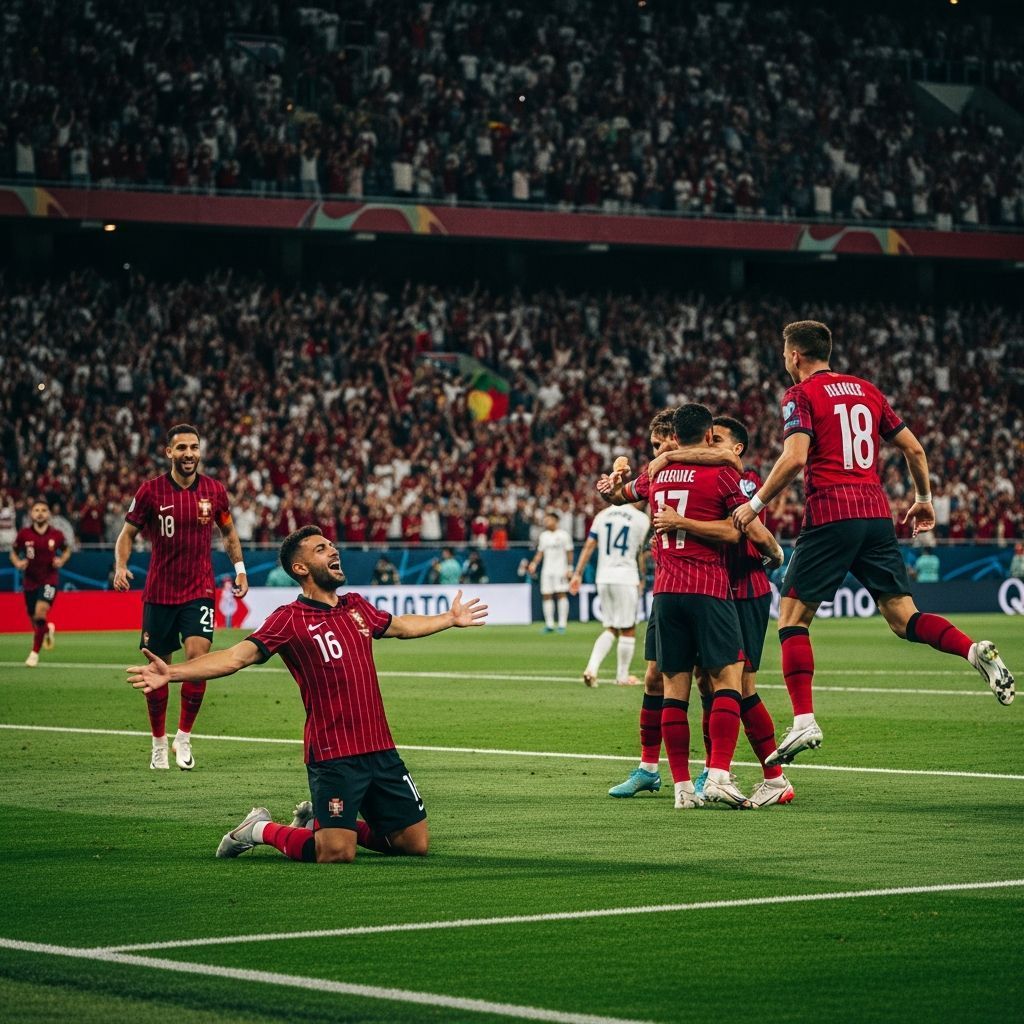 SC Braga players celebrating a goal during an away match at Arouca stadium