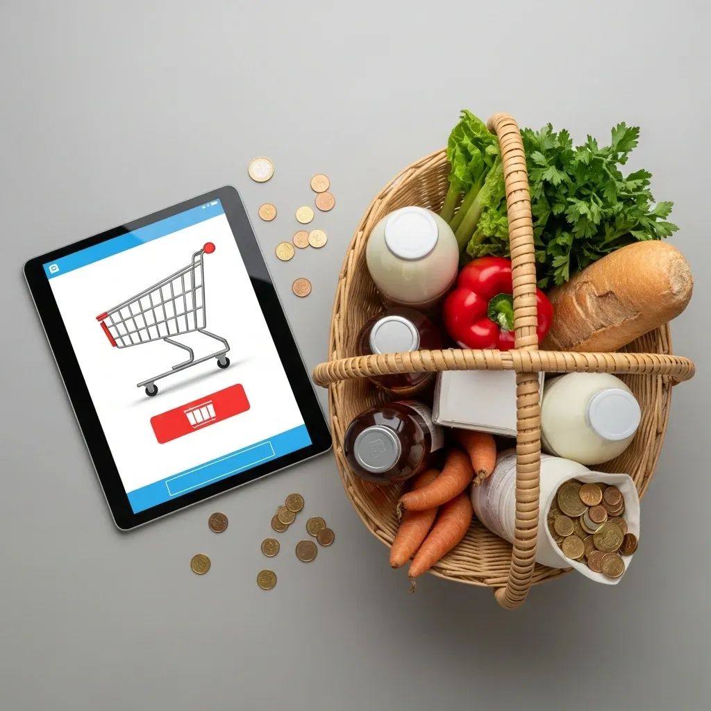 Overhead shot of tablet showing online grocery cart beside euro coins and basket of groceries