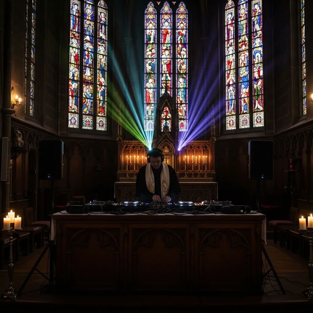 Priest silhouette mixing electronic music on a turntable in a church interior