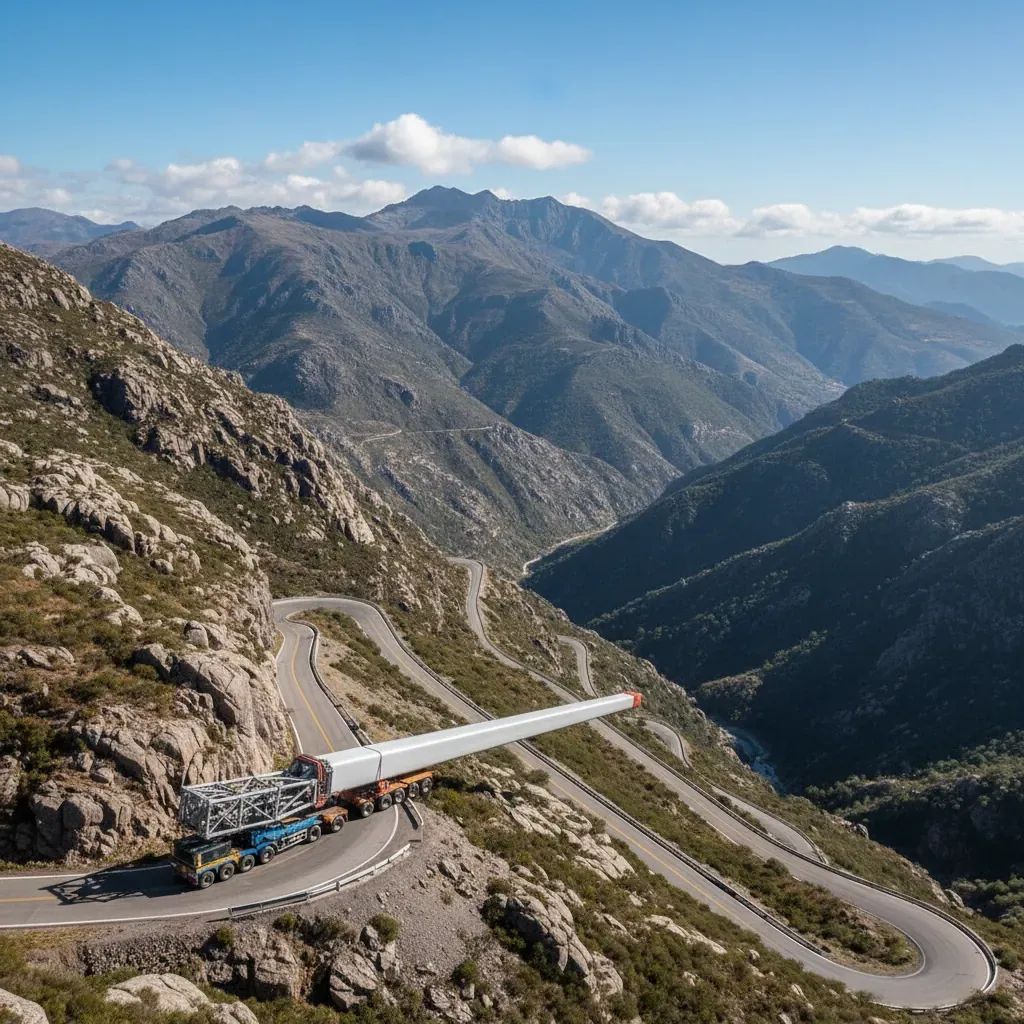 Specialized transport truck navigating steep mountain roads carrying oversized wind turbine components through Portuguese terrain