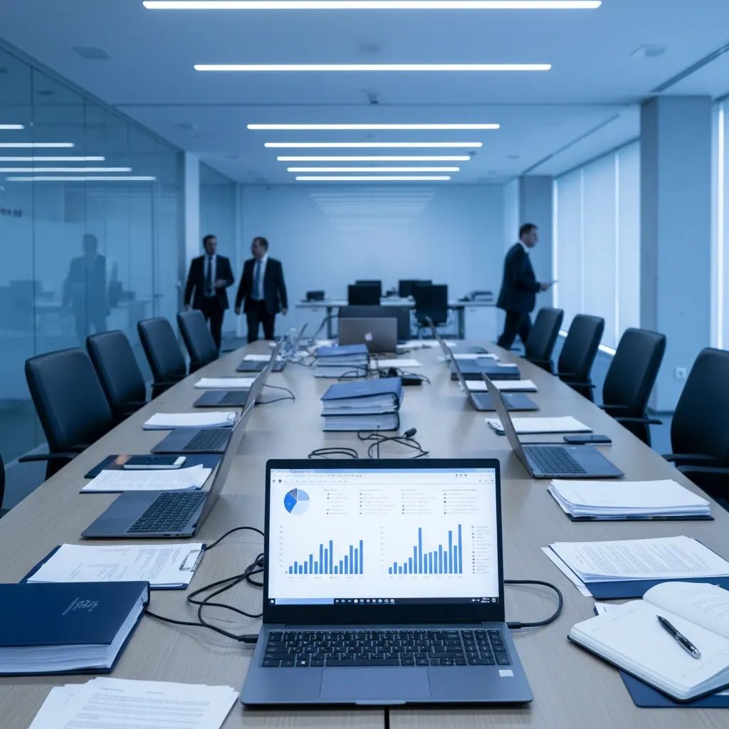Government office meeting room with financial documents and charts symbolizing regulatory budget constraints