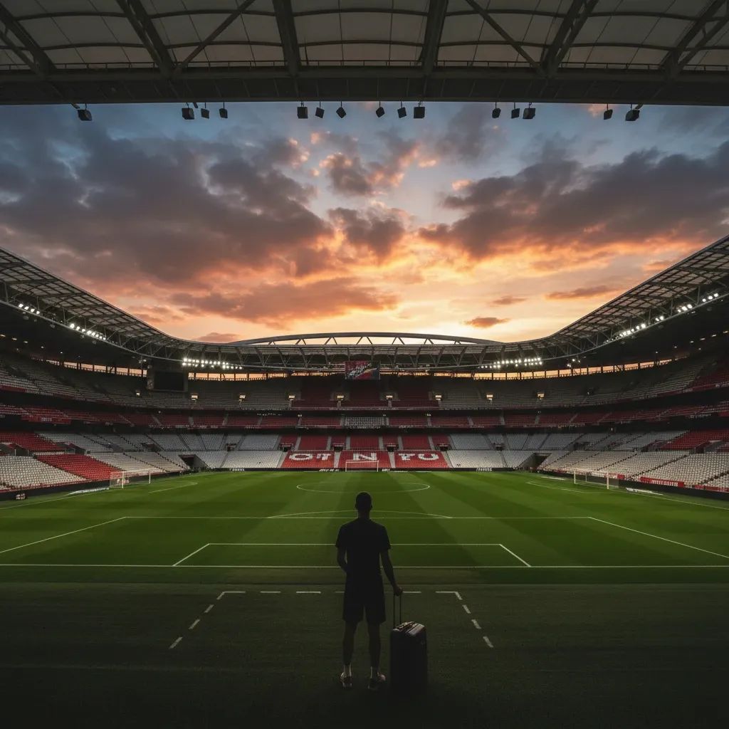 Estádio da Luz at sunset with silhouetted footballer carrying a suitcase, hinting possible Benfica return