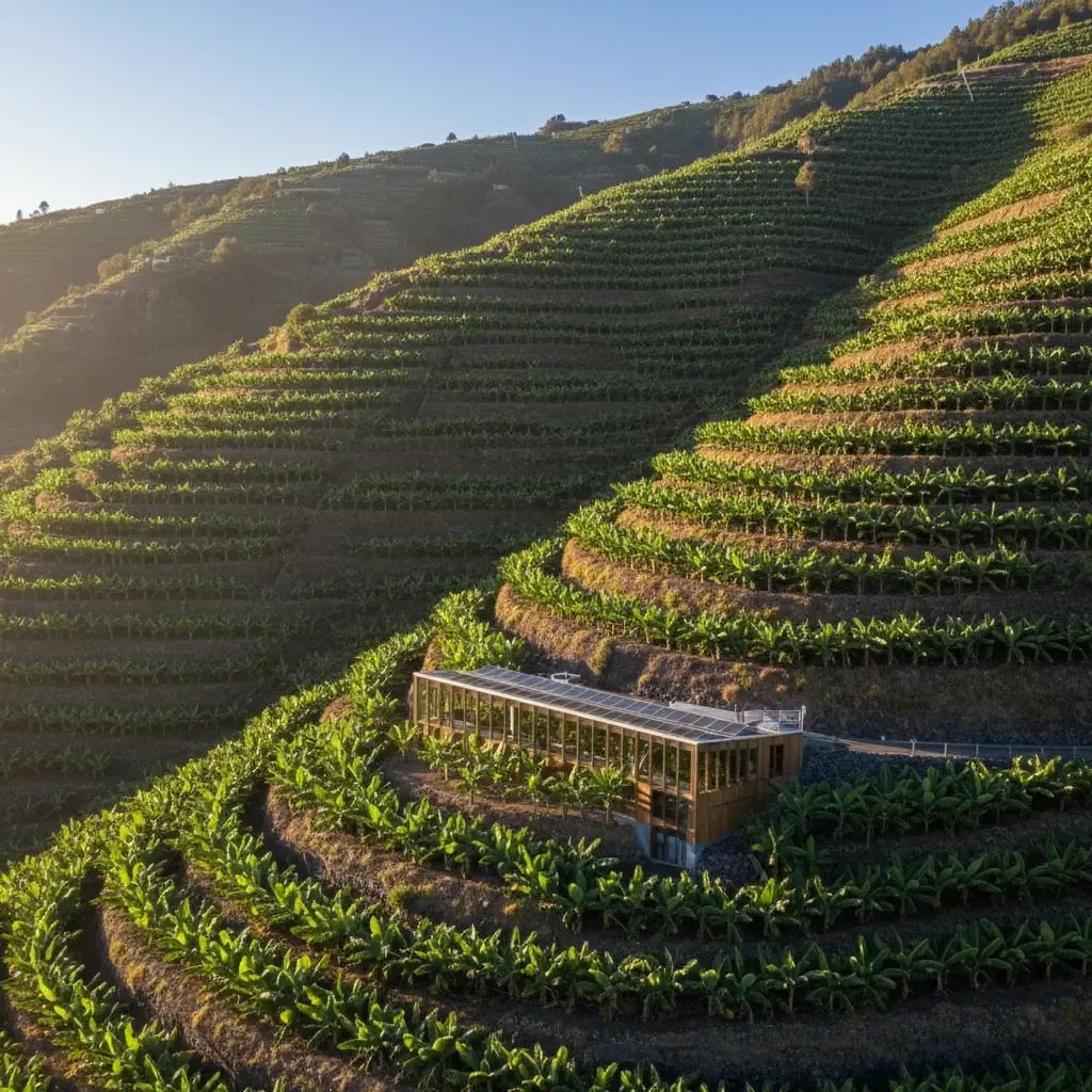 Terraced banana plantations on Madeira's volcanic hillside with modern agricultural facility
