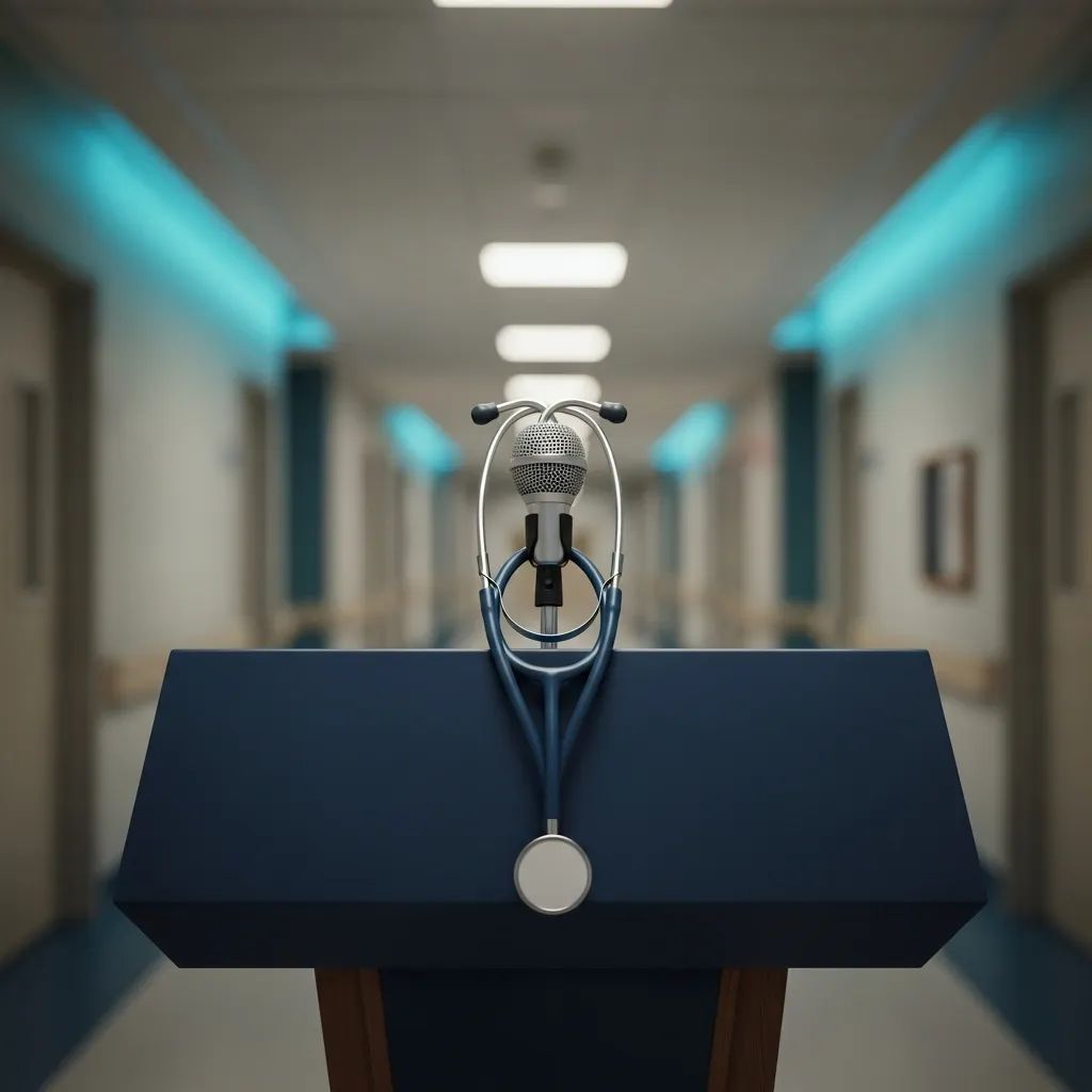 Empty presidential podium draped with a stethoscope against a blurred hospital corridor backdrop
