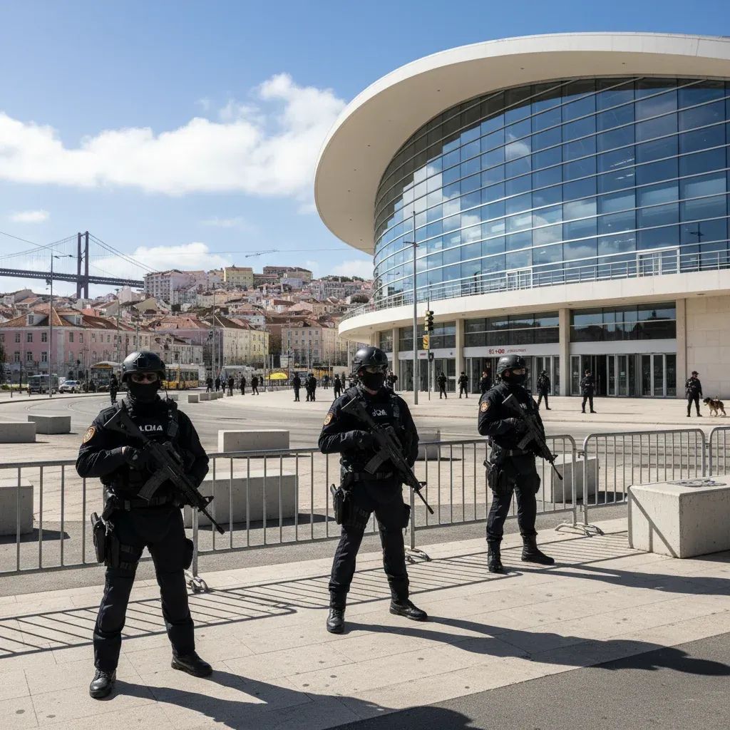 Police with riot gear securing perimeter outside sports venue for high-security event in Lisbon