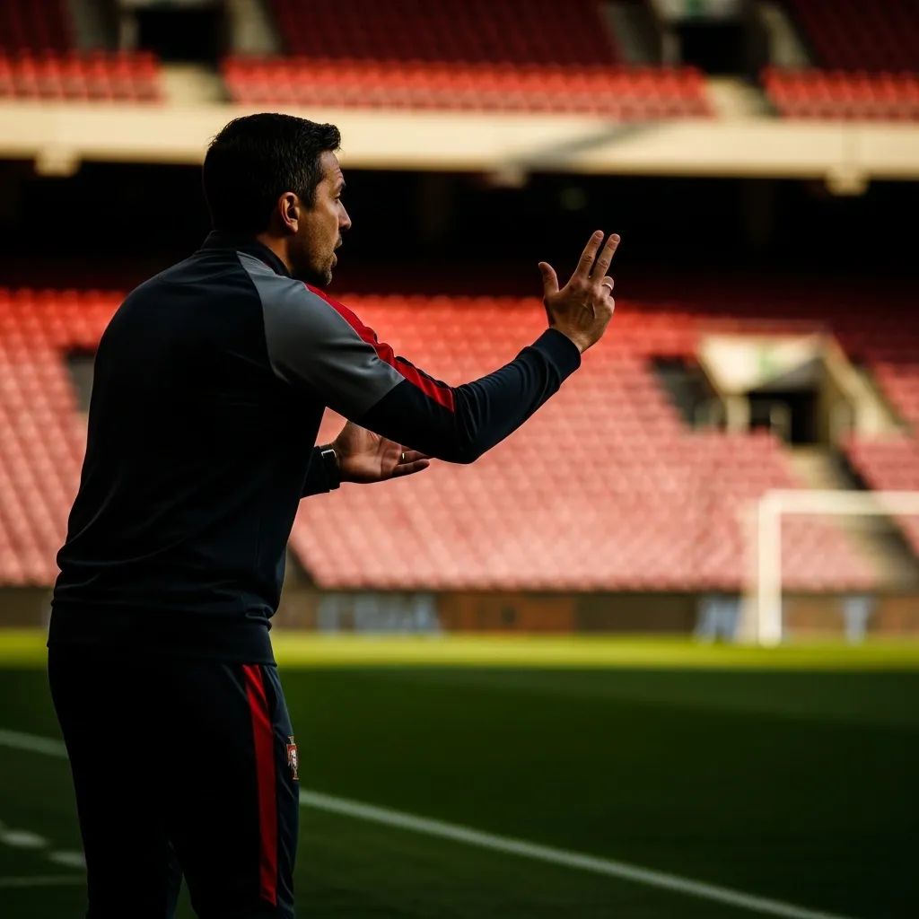 Football coach gesturing on the sidelines of Estádio da Luz before Benfica vs Porto knockout match