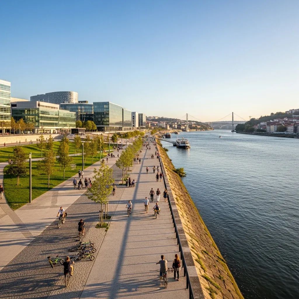 Panoramic view of Douro riverfront promenade with cyclists, pedestrians, modern buildings and greenery