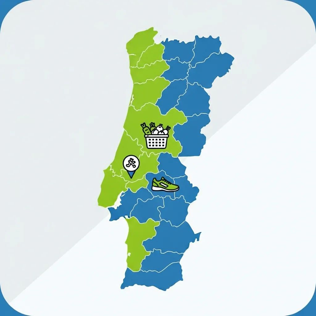 Map of Portugal highlighting the Alentejo region with icons indicating food and exercise deserts
