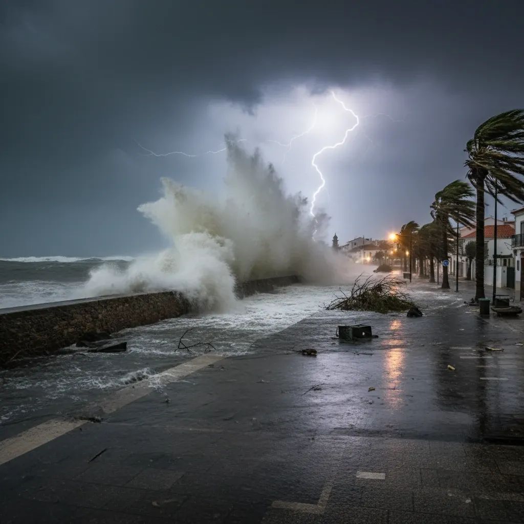 Portuguese coastal town battered by storm with waves overtopping sea wall and flooded streets