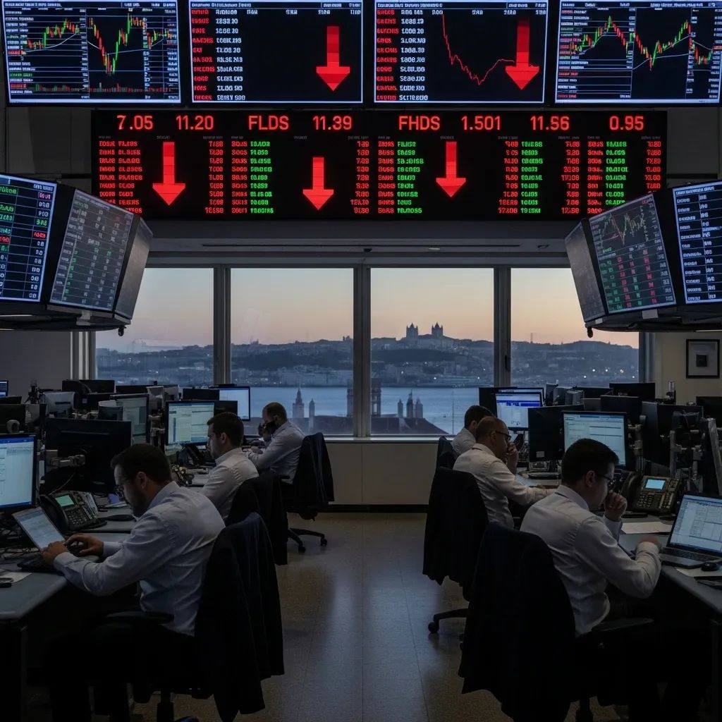 Trading floor with red downward stock tickers and Lisbon skyline in the background